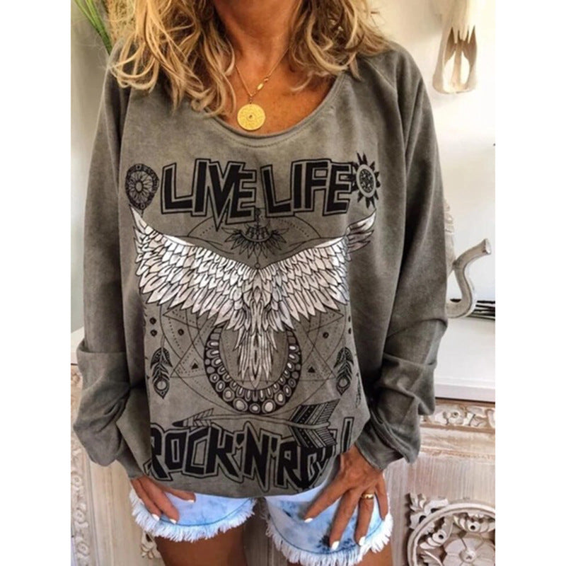 Women Loose Round Neck Printed Sweater