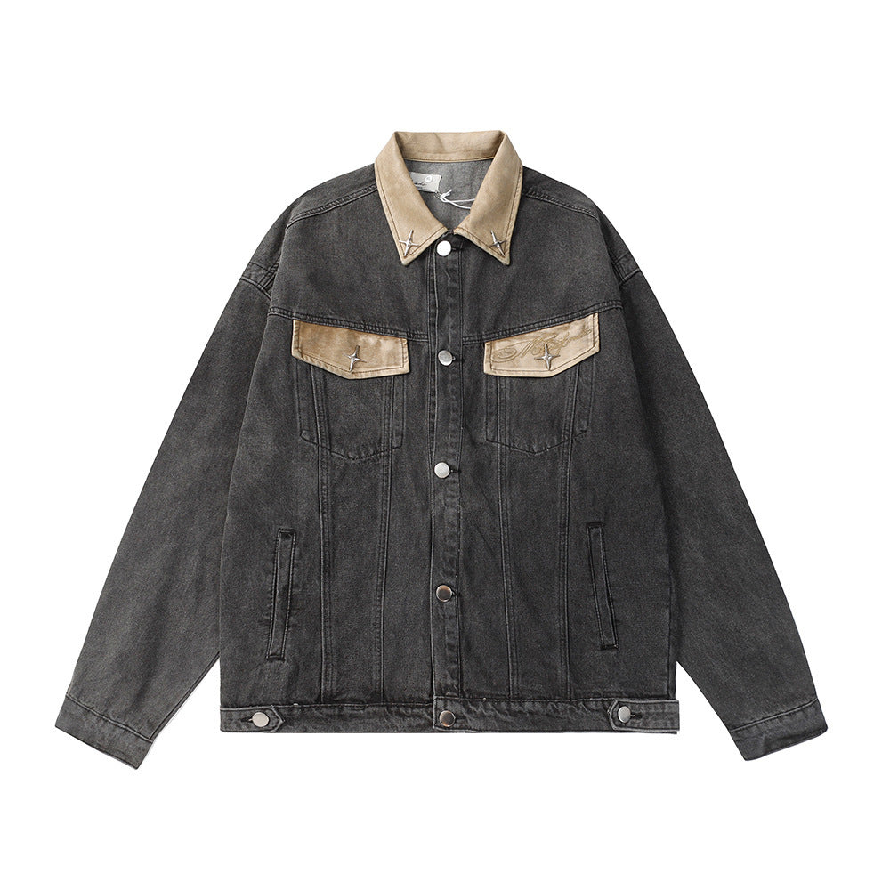 Contrast Color Leather Patchwork Lapel Pocket Denim Clothes Jacket