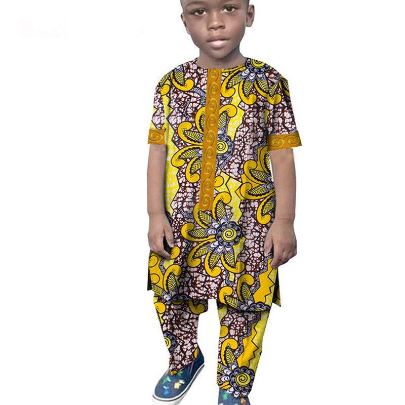 African Boy Suit Cotton Wax Cloth T-shirt And Pants Suit