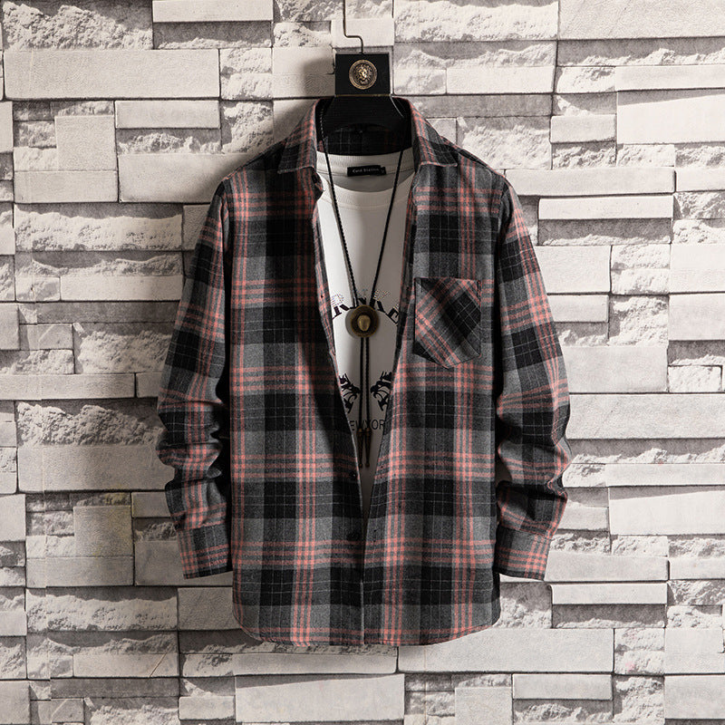 Korean style men's trendy loose tooling plaid shirt
