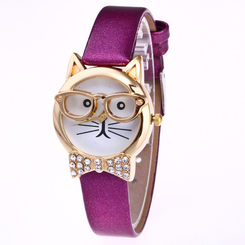 Light board mechanical cat glasses watch cat face small belt children watch cartoon student watch