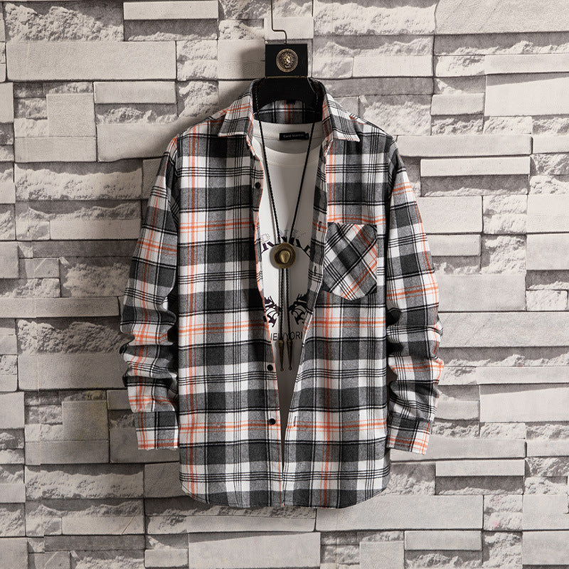 Korean style men's trendy loose tooling plaid shirt