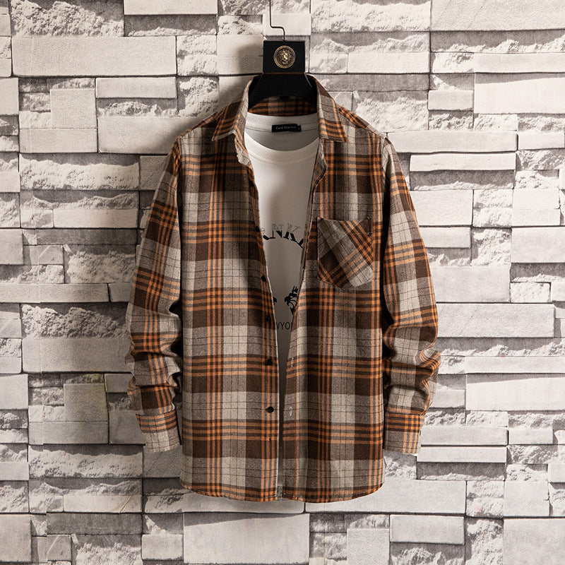 Korean style men's trendy loose tooling plaid shirt