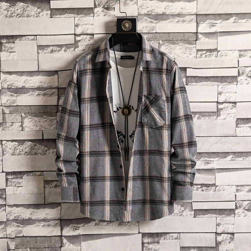 Korean style men's trendy loose tooling plaid shirt