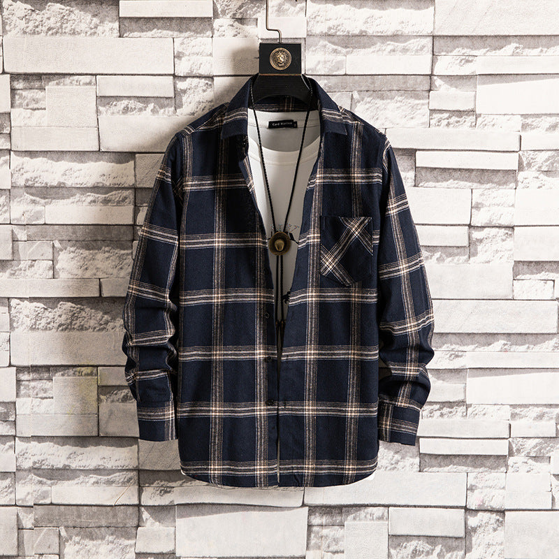 Korean style men's trendy loose tooling plaid shirt
