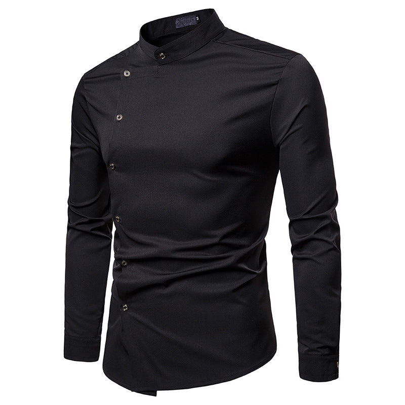 Solid color slant placket shirt gentleman