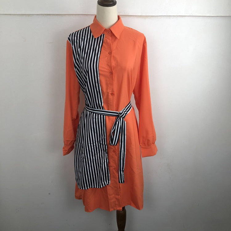 Europe, America And Africa Foreign Trade Dress Shirt Skirt Stitching Fake Two Long-Sleeved Short Loose Large Size Dress Women