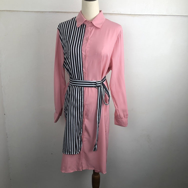 Europe, America And Africa Foreign Trade Dress Shirt Skirt Stitching Fake Two Long-Sleeved Short Loose Large Size Dress Women