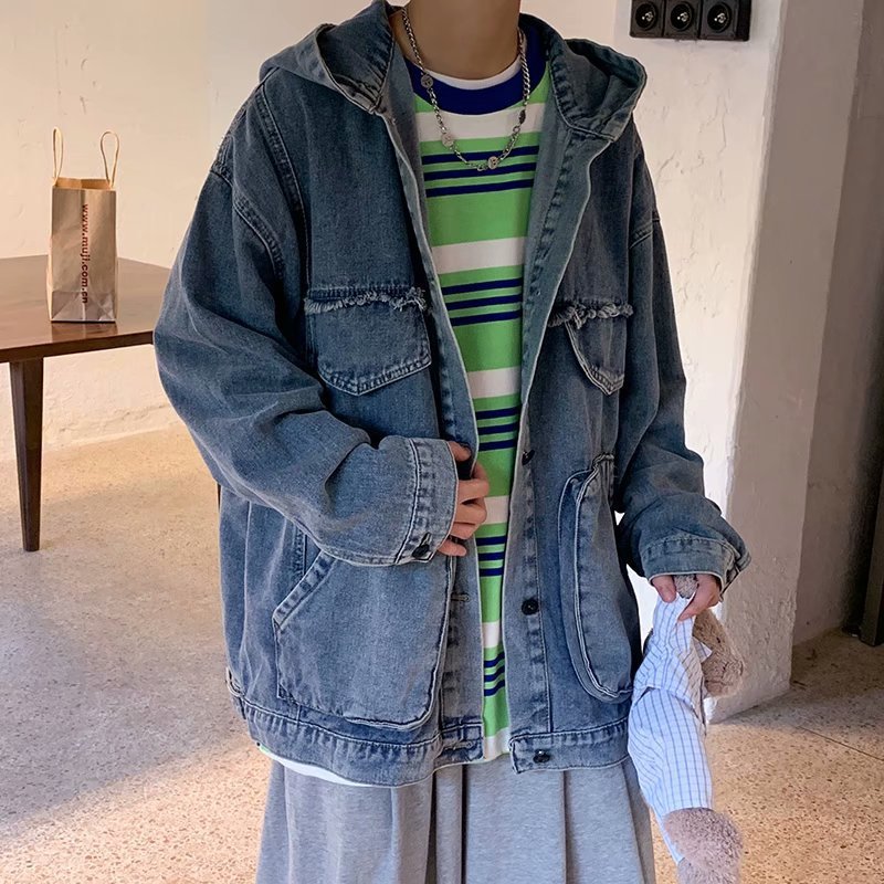 Hooded Denim Jacket Men'S Casual Student Jacket Jacket