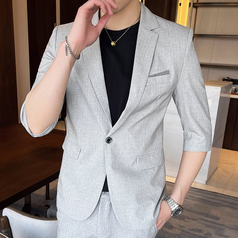 Men's Summer Thin Slim Small Plaid Middle-sleeved Three-quarter Sleeves Nine-point Pants Slim Suit