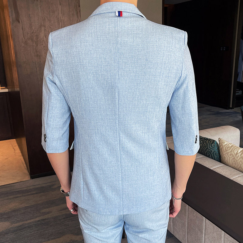 Men's Summer Thin Slim Small Plaid Middle-sleeved Three-quarter Sleeves Nine-point Pants Slim Suit