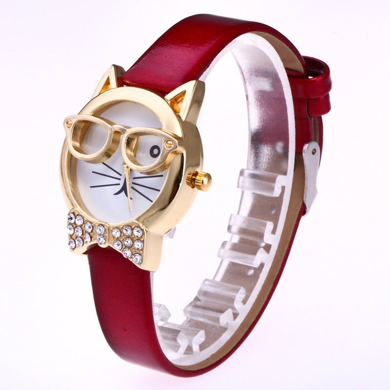 Light board mechanical cat glasses watch cat face small belt children watch cartoon student watch