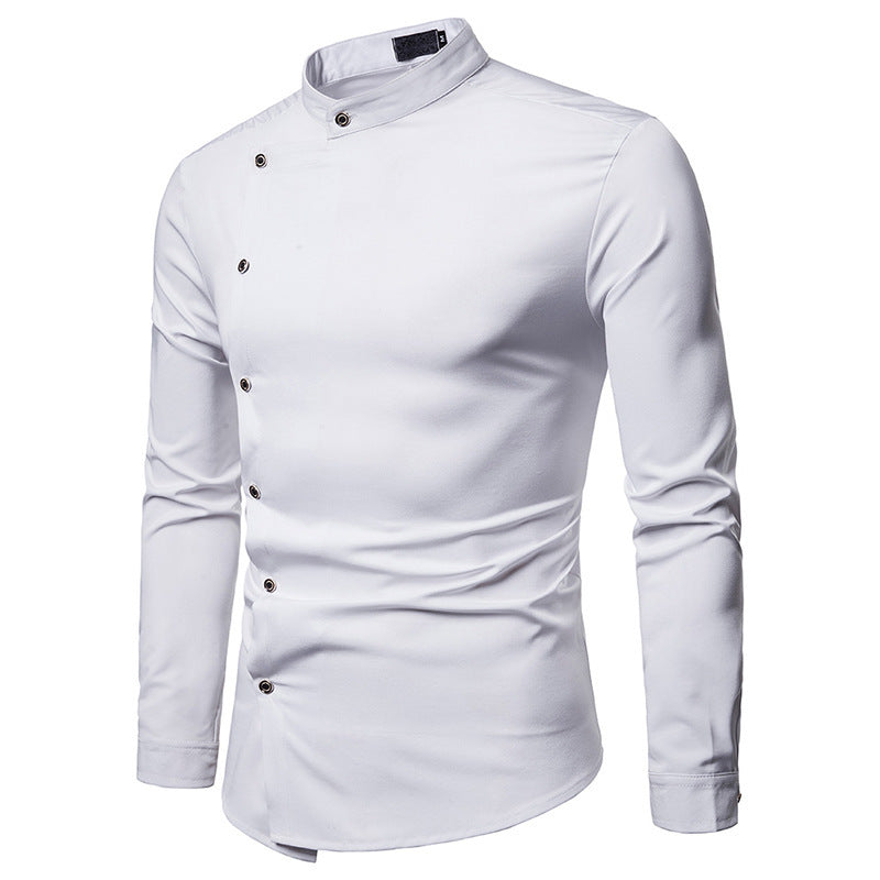 Solid color slant placket shirt gentleman
