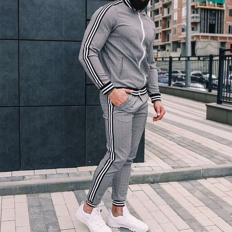 Casual Men's Sports Suit Check Zipper Shirt