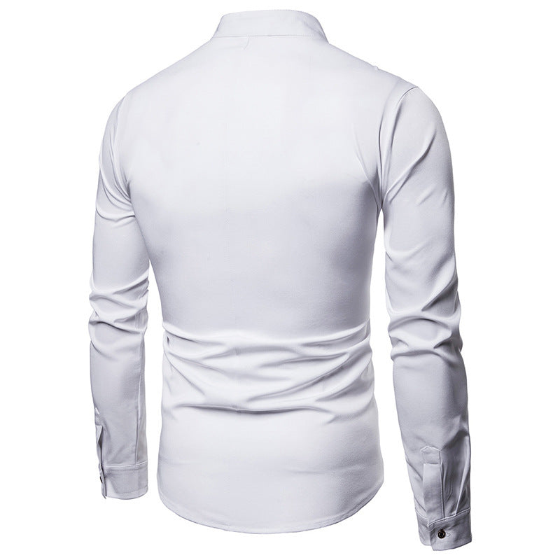 Solid color slant placket shirt gentleman