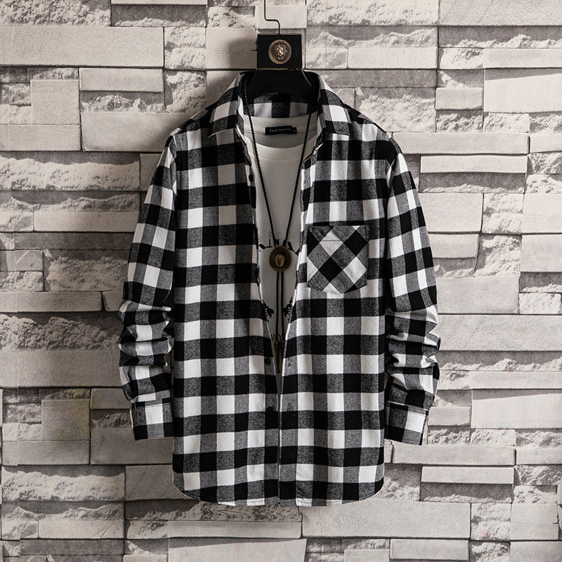 Korean style men's trendy loose tooling plaid shirt