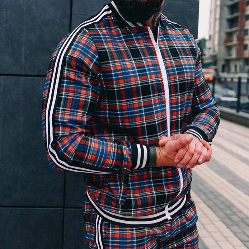 Casual Men's Sports Suit Check Zipper Shirt