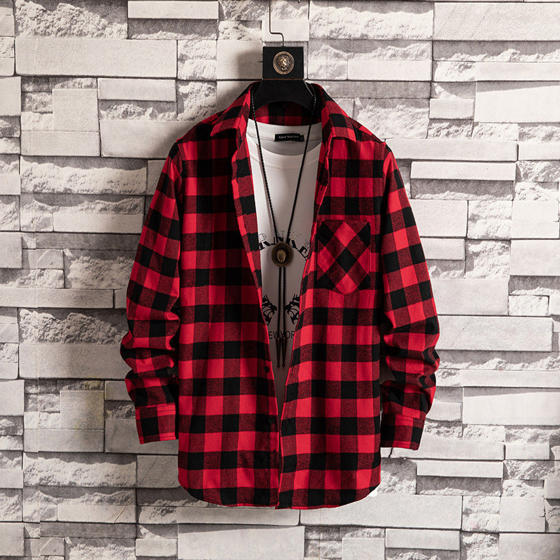 Korean style men's trendy loose tooling plaid shirt