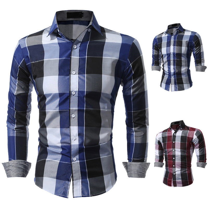 Foreign trade spring and Autumn Pointed Collar Long-sleeved Plaid Shirt