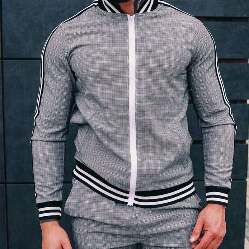 Casual Men's Sports Suit Check Zipper Shirt