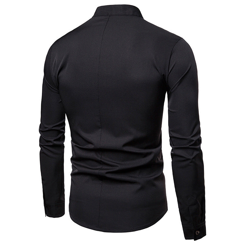 Solid color slant placket shirt gentleman