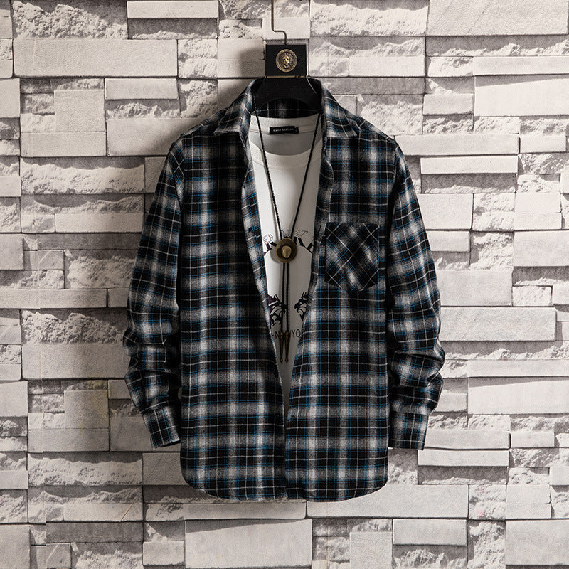 Korean style men's trendy loose tooling plaid shirt