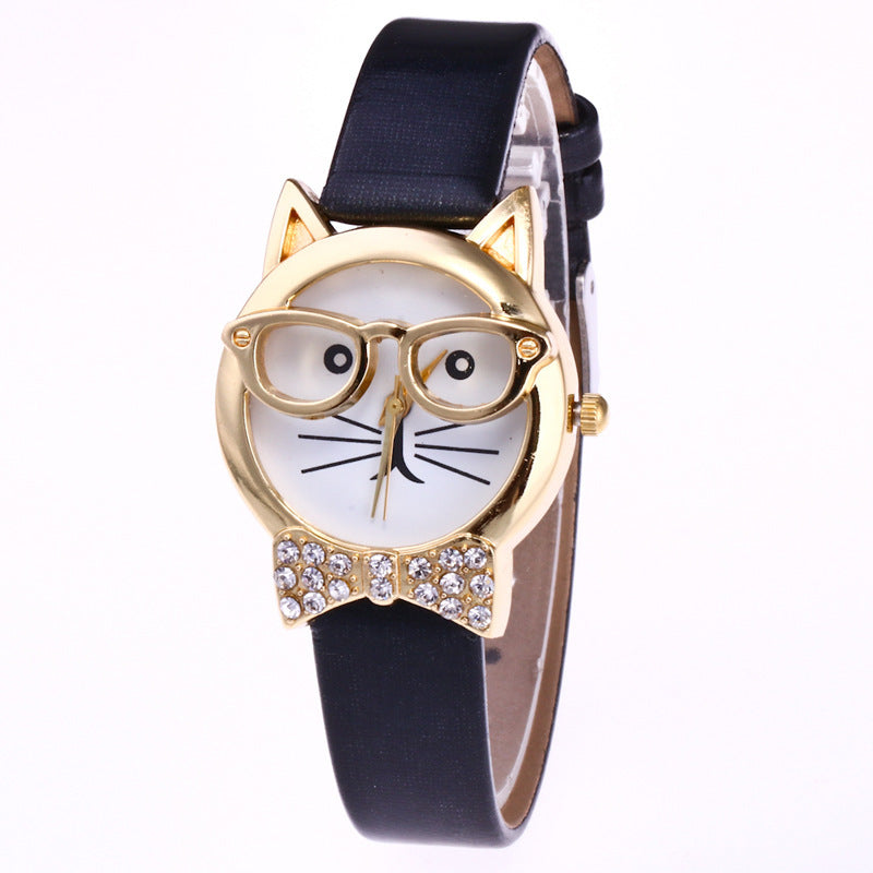 Light board mechanical cat glasses watch cat face small belt children watch cartoon student watch