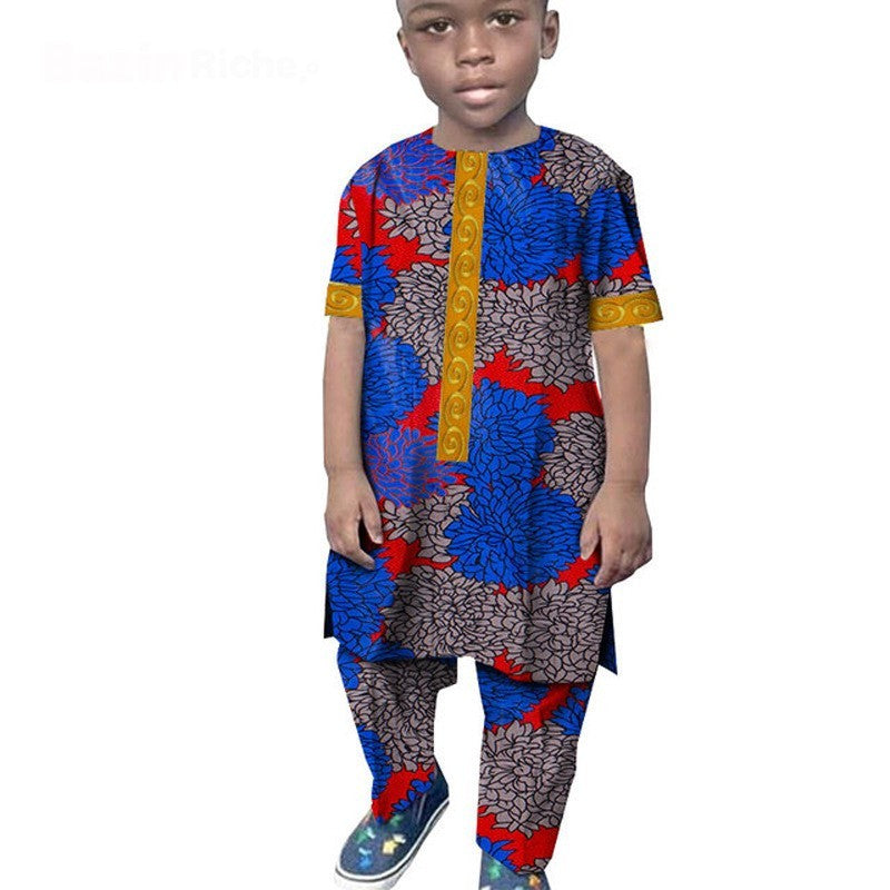 African Boy Suit Cotton Wax Cloth T-shirt And Pants Suit