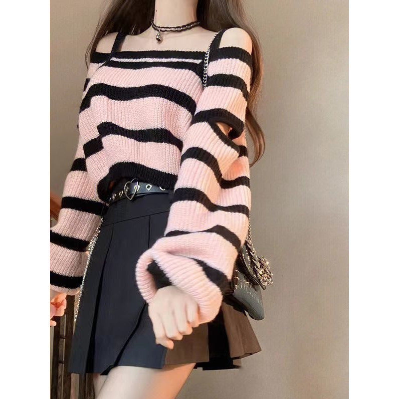 Striped Sweater Pleated Skirt Suit Women