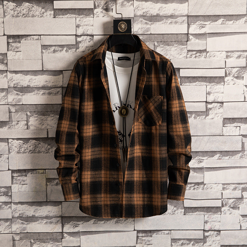 Korean style men's trendy loose tooling plaid shirt