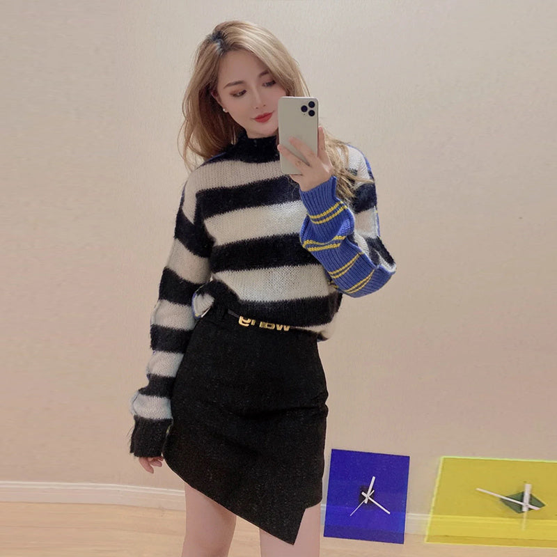 Women Loose Fashion Striped Stitching Sweater