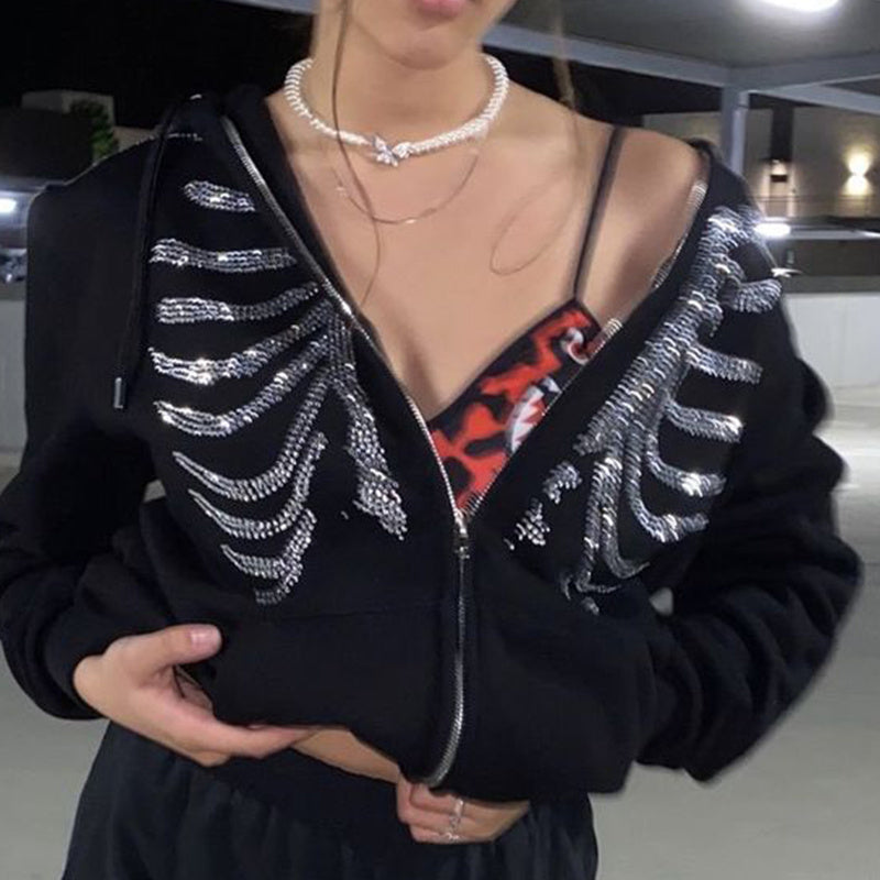 Women Hooded Zipper Alphabet Butterfly Sweater