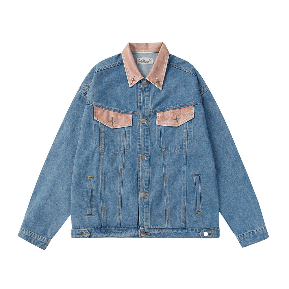 Contrast Color Leather Patchwork Lapel Pocket Denim Clothes Jacket
