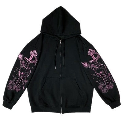 Women Hooded Zipper Alphabet Butterfly Sweater