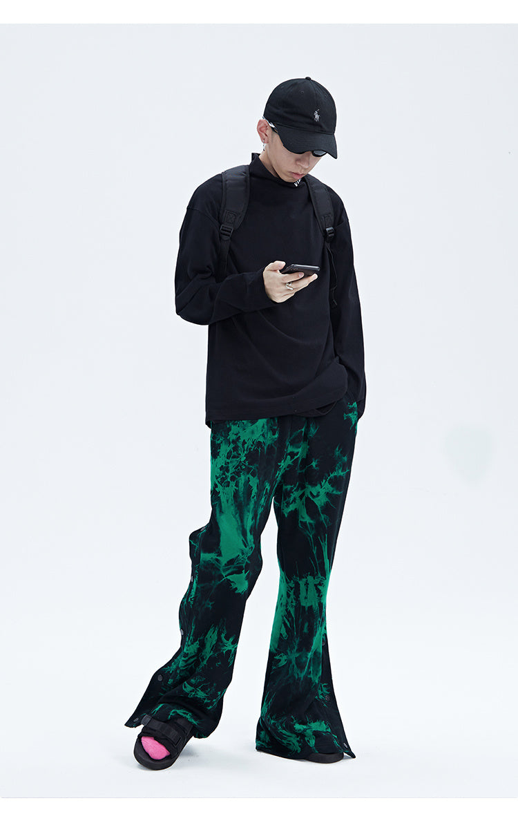 Black And Green Tie Dye Zipper Breasted Pants For Men