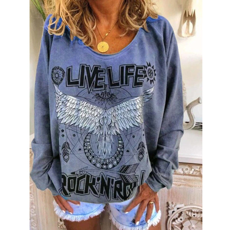 Women Loose Round Neck Printed Sweater