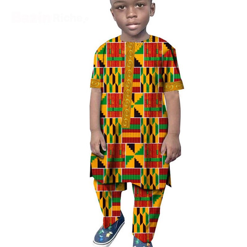 African Boy Suit Cotton Wax Cloth T-shirt And Pants Suit