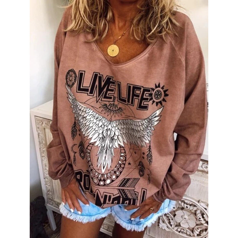 Women Loose Round Neck Printed Sweater