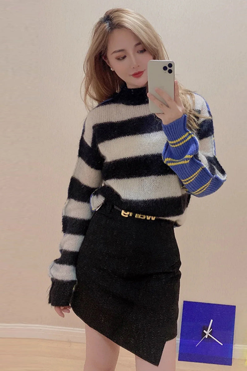 Women Loose Fashion Striped Stitching Sweater