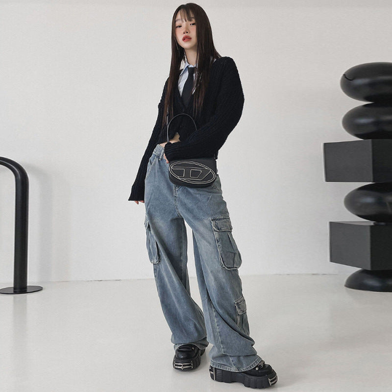 Worn Blue Loose Draping Straight Tube Mop Pants