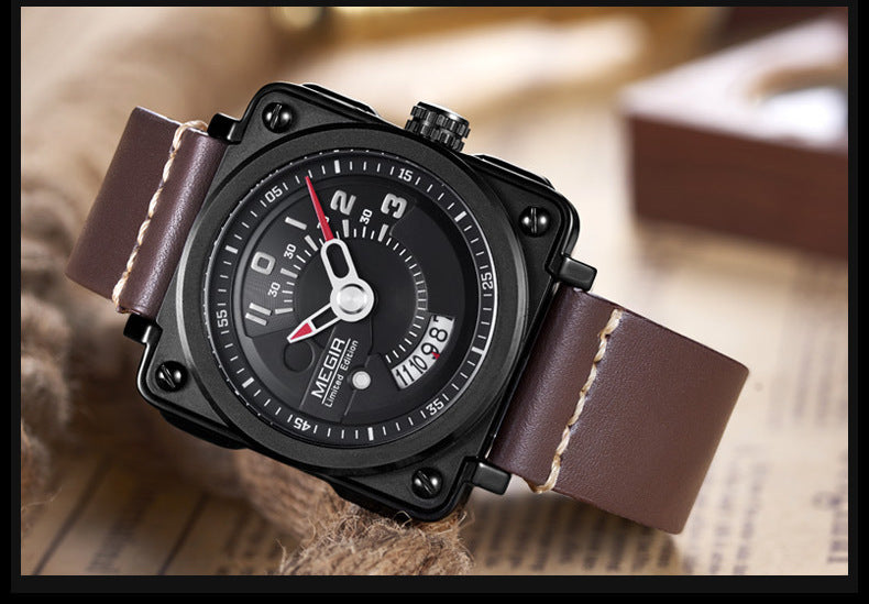 Men's Fashion Square Big Dial Watch Leather Calendar Sports Quartz Watch