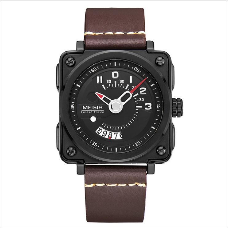 Men's Fashion Square Big Dial Watch Leather Calendar Sports Quartz Watch