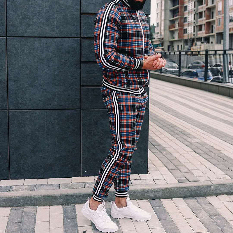 Casual Men's Sports Suit Check Zipper Shirt