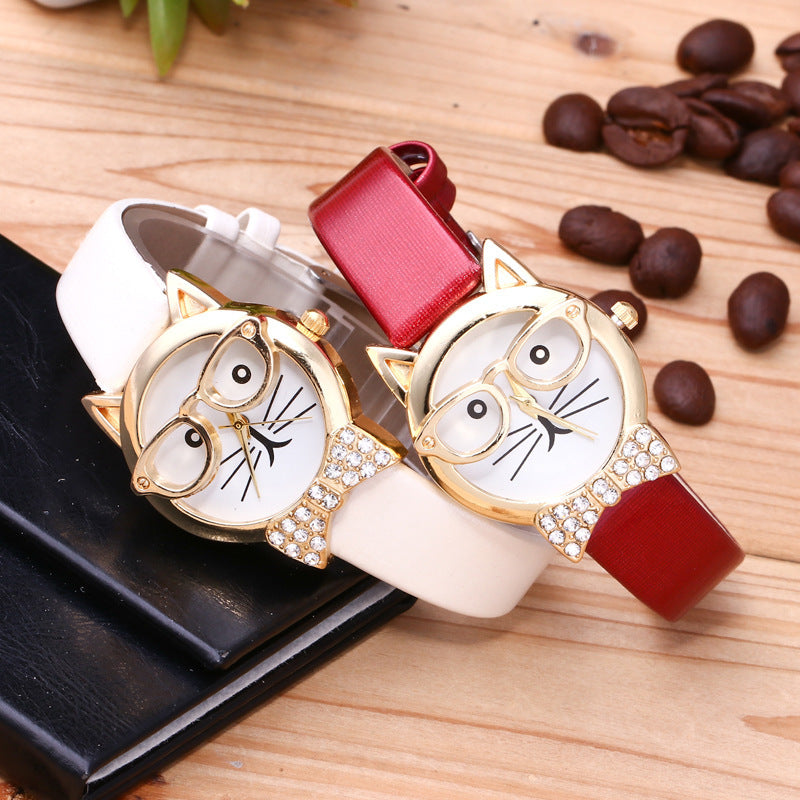 Light board mechanical cat glasses watch cat face small belt children watch cartoon student watch