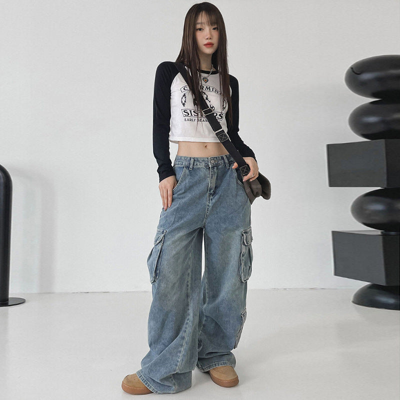 Worn Blue Loose Draping Straight Tube Mop Pants