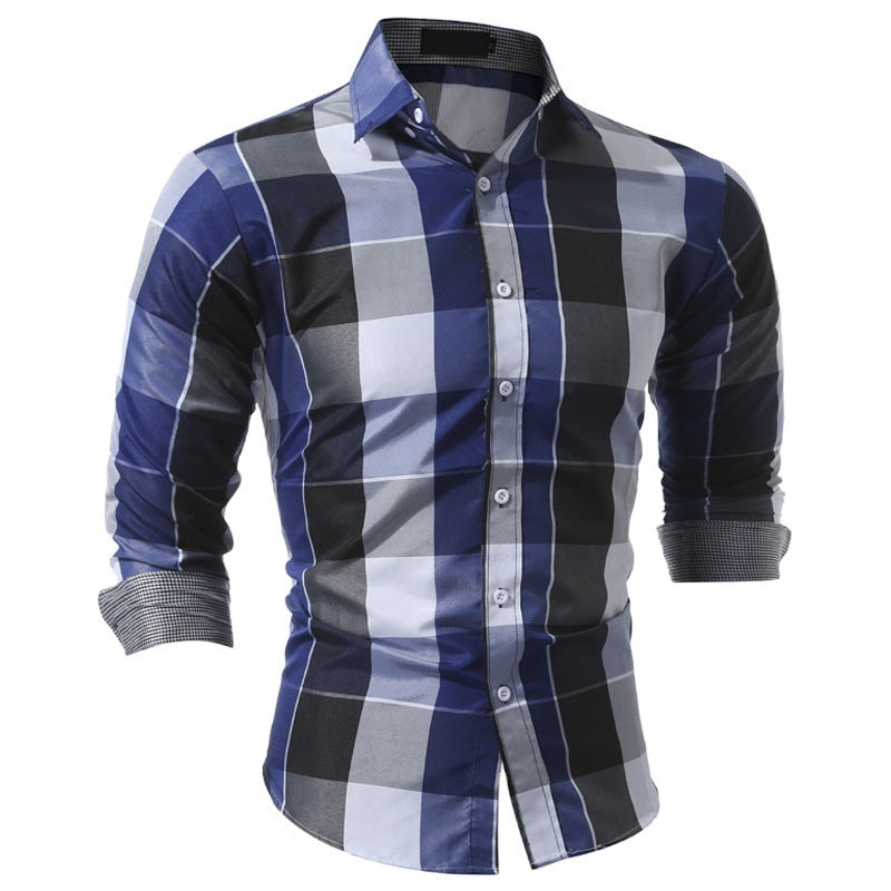 Foreign trade spring and Autumn Pointed Collar Long-sleeved Plaid Shirt