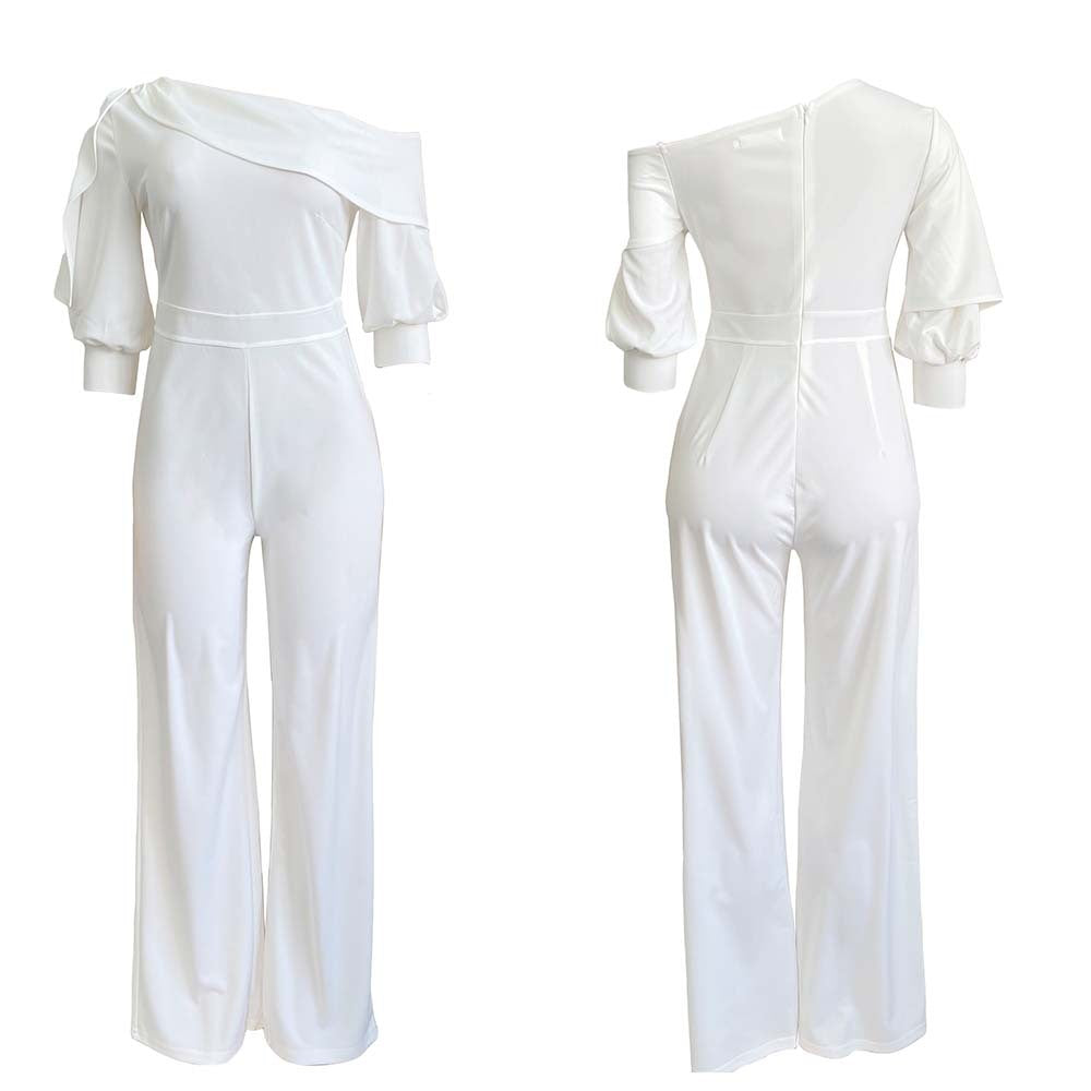 AB10ATE D144T 2021 New Autumn Plus Size Independent Station Casual Solid Color Oblique Shoulder Tongle European And American Women's Foreign Trade Jumpsuit