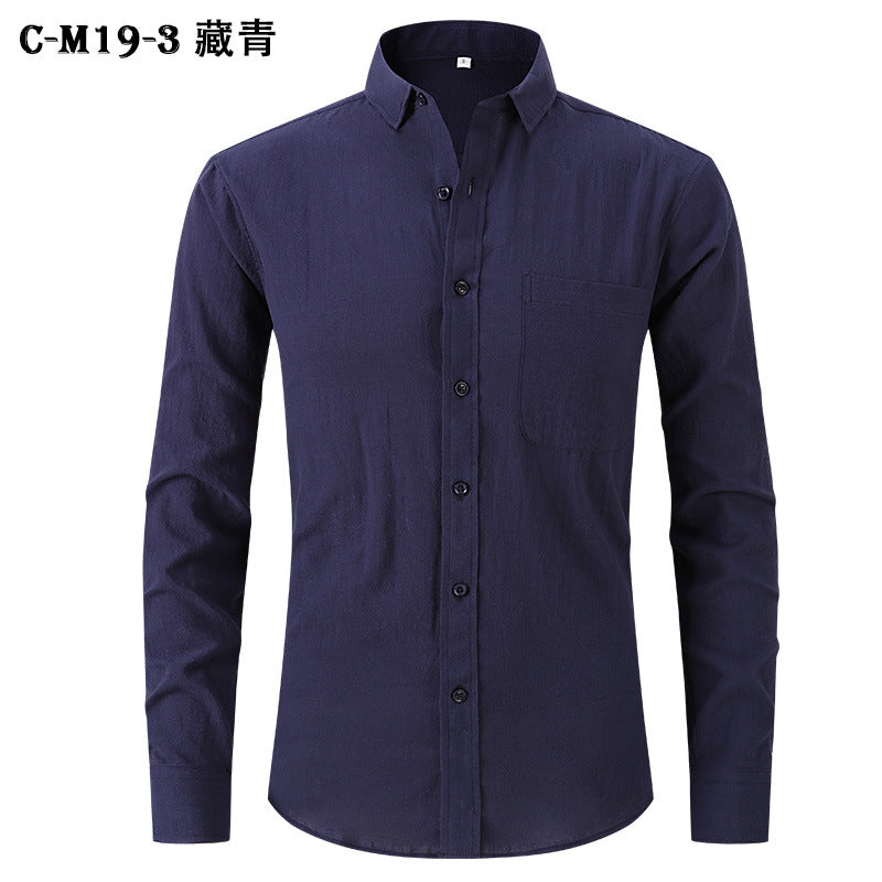 Amazon Cross-border Explosions Men's Imitation Cotton And Linen Shirt Black Long Sleeve Business Slim Handsome Outer Shirt Autumn Men