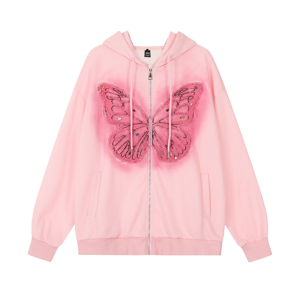 Street-blowing Trendy Butterfly Hot Drilling Patch Embroidered Loose Sweatshirt Men's And Women's Design Sense Casual Zipper Hooded Jacket