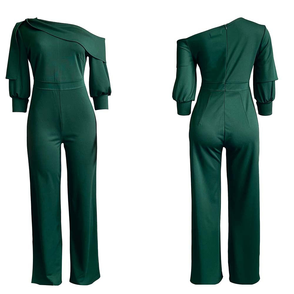 AB10ATE D144T 2021 New Autumn Plus Size Independent Station Casual Solid Color Oblique Shoulder Tongle European And American Women's Foreign Trade Jumpsuit